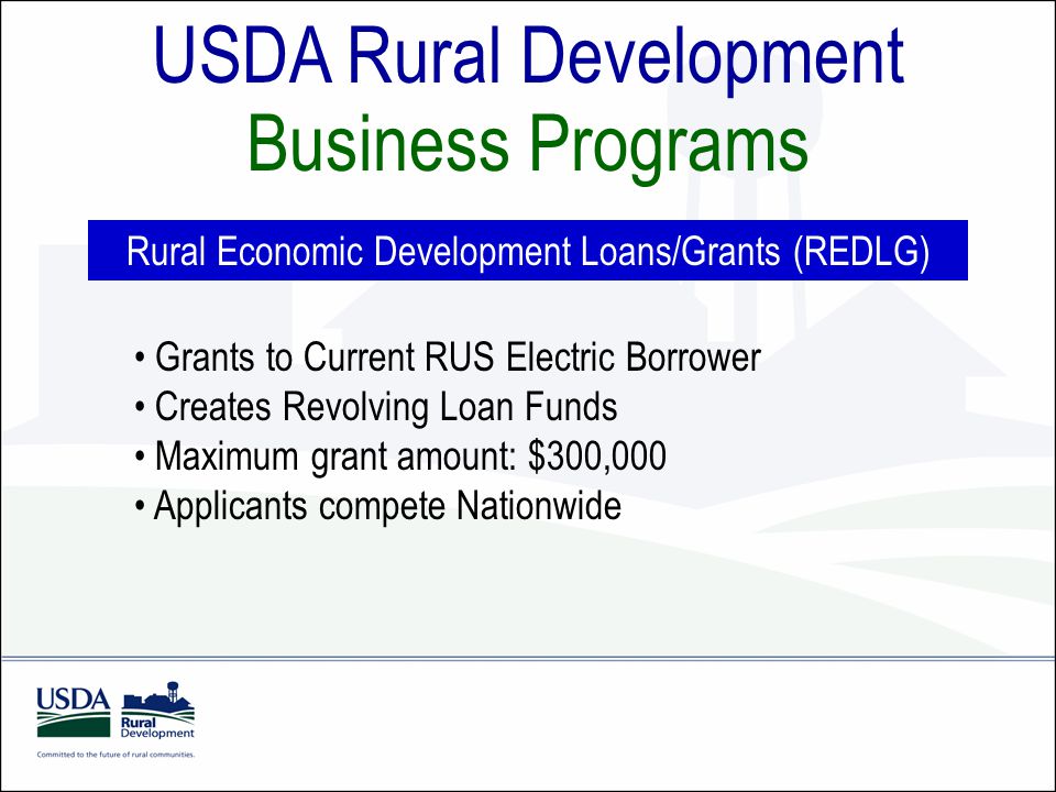 USDA Rural Development Business Programs Rural Economic Development Loans/Grants (REDLG) Grants to Current RUS Electric Borrower Creates Revolving Loan Funds Maximum grant amount: $300,000 Applicants compete Nationwide