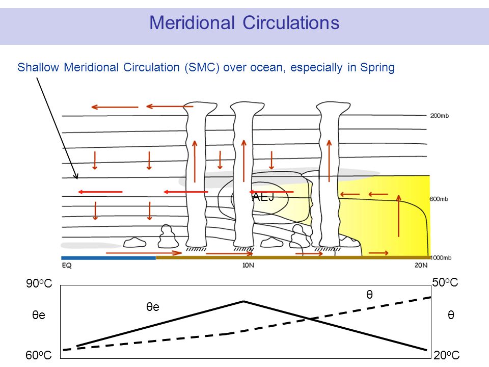 Shallow Meridional Circulation (SMC) over ocean, especially in Spring θ 50 o C 20 o C θ θe 90 o C 60 o C θe AEJ Meridional Circulations