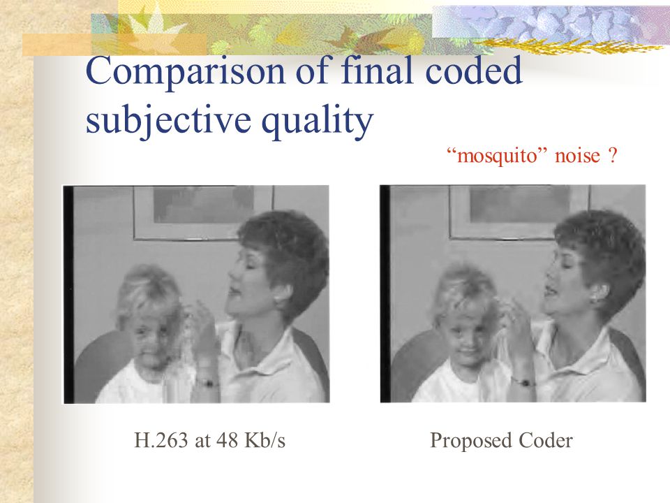 Comparison of final coded subjective quality H.263 at 48 Kb/sProposed Coder mosquito noise