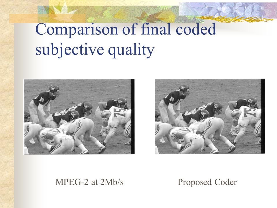 Comparison of final coded subjective quality MPEG-2 at 2Mb/sProposed Coder