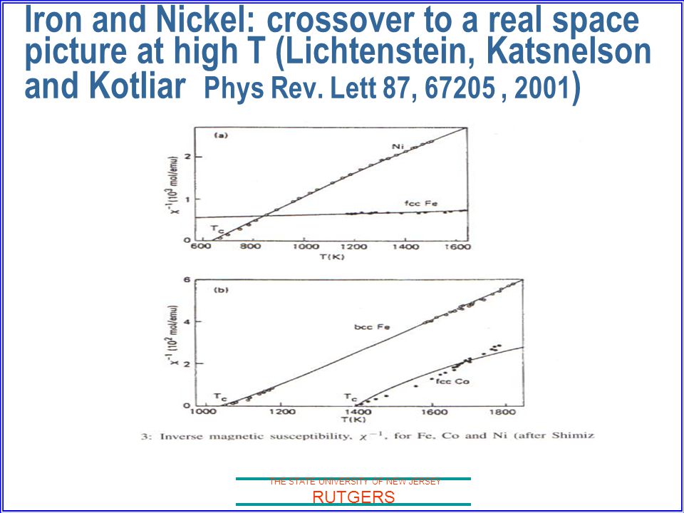 THE STATE UNIVERSITY OF NEW JERSEY RUTGERS Iron and Nickel: crossover to a real space picture at high T (Lichtenstein, Katsnelson and Kotliar Phys Rev.