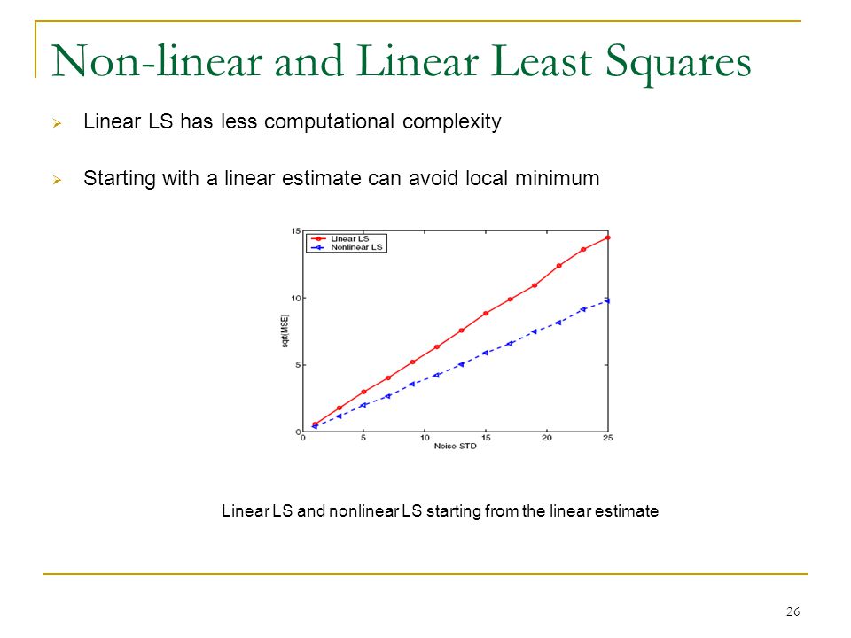 26 Non-linear and Linear Least Squares  Linear LS has less computational complexity  Starting with a linear estimate can avoid local minimum Linear LS and nonlinear LS starting from the linear estimate