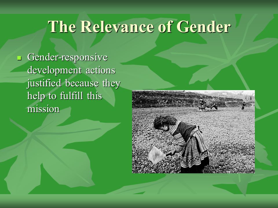 The Relevance of Gender Gender-responsive development actions justified because they help to fulfill this mission Gender-responsive development actions justified because they help to fulfill this mission