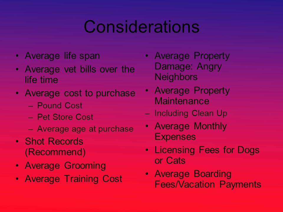Considerations Average life span Average vet bills over the life time Average cost to purchase –Pound Cost –Pet Store Cost –Average age at purchase Shot Records (Recommend) Average Grooming Average Training Cost Average Property Damage: Angry Neighbors Average Property Maintenance –Including Clean Up Average Monthly Expenses Licensing Fees for Dogs or Cats Average Boarding Fees/Vacation Payments