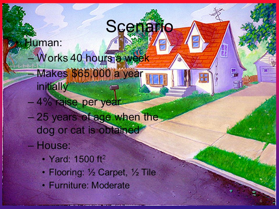 4 Scenario Human: –Works 40 hours a week –Makes $65,000 a year initially –4% raise per year –25 years of age when the dog or cat is obtained –House: Yard: 1500 ft 2 Flooring: ½ Carpet, ½ Tile Furniture: Moderate