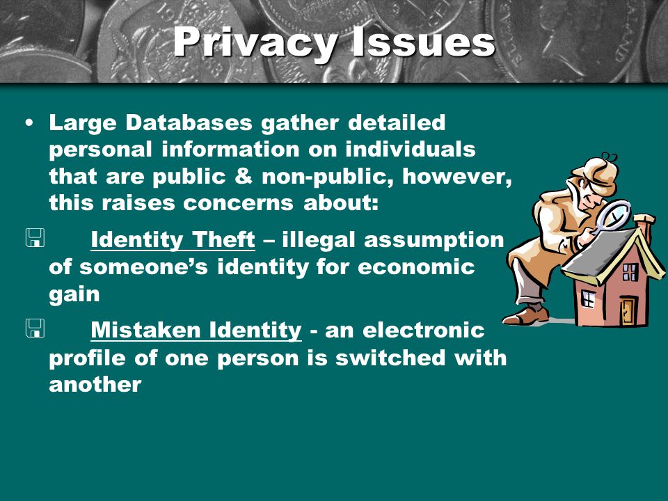 Privacy Issues Large Databases gather detailed personal information on individuals that are public & non-public, however, this raises concerns about:  Identity Theft – illegal assumption of someone’s identity for economic gain  Mistaken Identity - an electronic profile of one person is switched with another