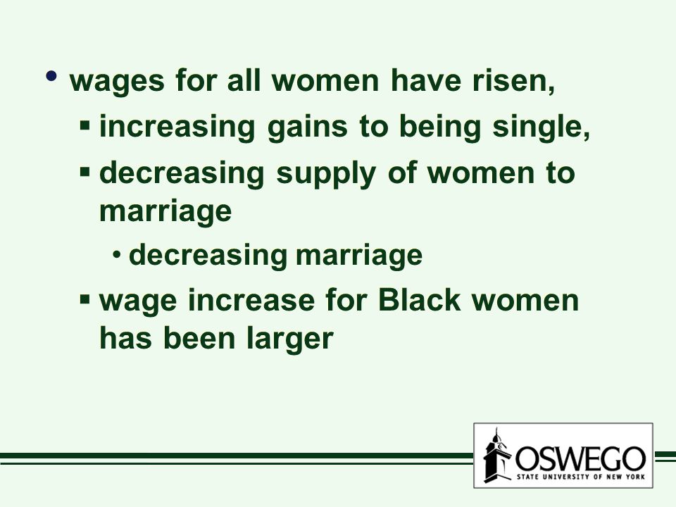 wages for all women have risen,  increasing gains to being single,  decreasing supply of women to marriage decreasing marriage  wage increase for Black women has been larger wages for all women have risen,  increasing gains to being single,  decreasing supply of women to marriage decreasing marriage  wage increase for Black women has been larger