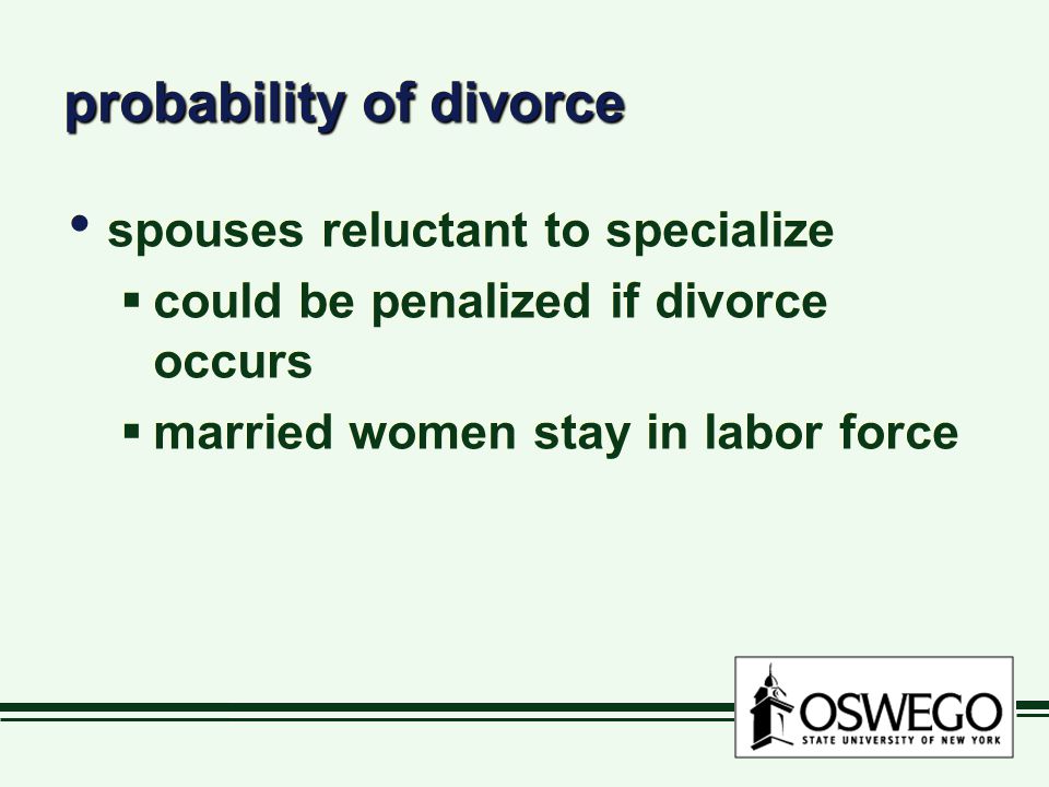 probability of divorce spouses reluctant to specialize  could be penalized if divorce occurs  married women stay in labor force spouses reluctant to specialize  could be penalized if divorce occurs  married women stay in labor force