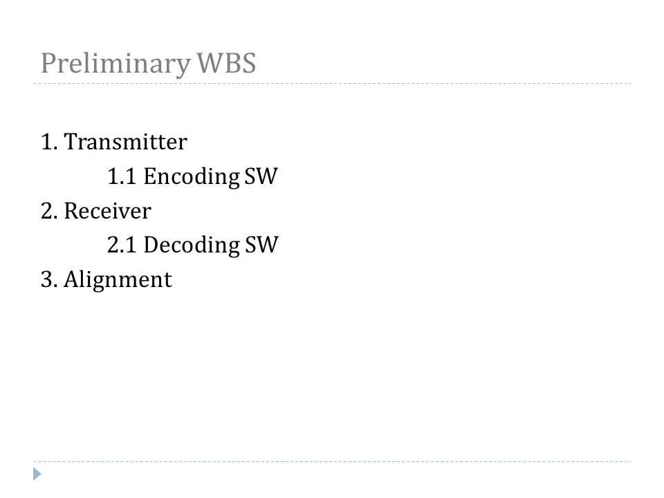 Preliminary WBS 1. Transmitter 1.1 Encoding SW 2. Receiver 2.1 Decoding SW 3. Alignment