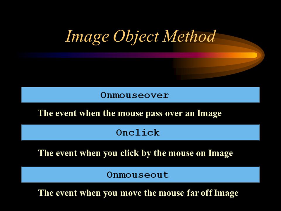 Image Object Method The event when the mouse pass over an Image The event when you click by the mouse on Image The event when you move the mouse far off Image