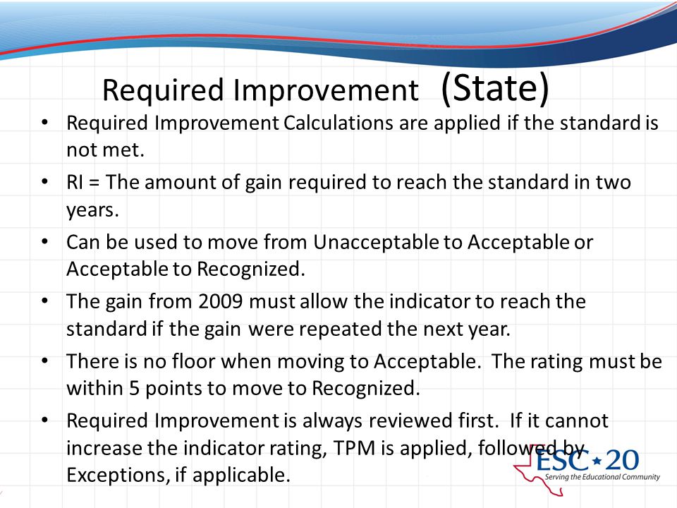 Required Improvement (State) Required Improvement Calculations are applied if the standard is not met.