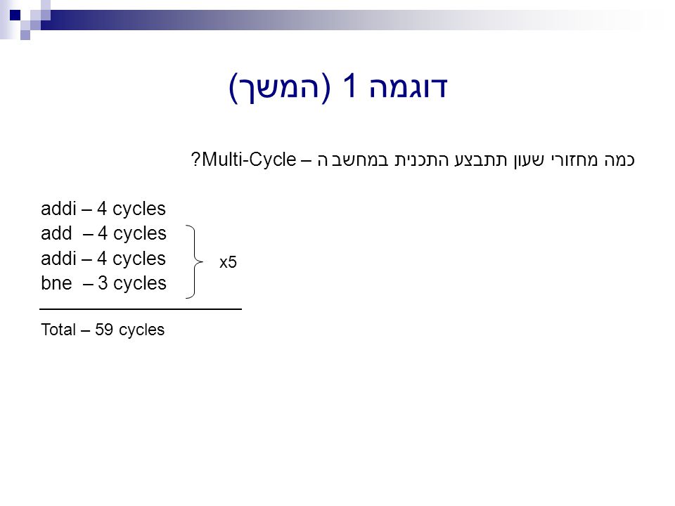 דוגמה 1 (המשך) כמה מחזורי שעון תתבצע התכנית במחשב ה – Multi-Cycle.