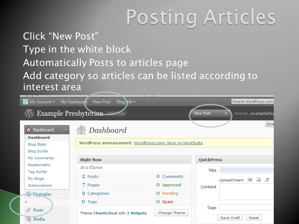 Click New Post Type in the white block Automatically Posts to articles page Add category so articles can be listed according to interest area