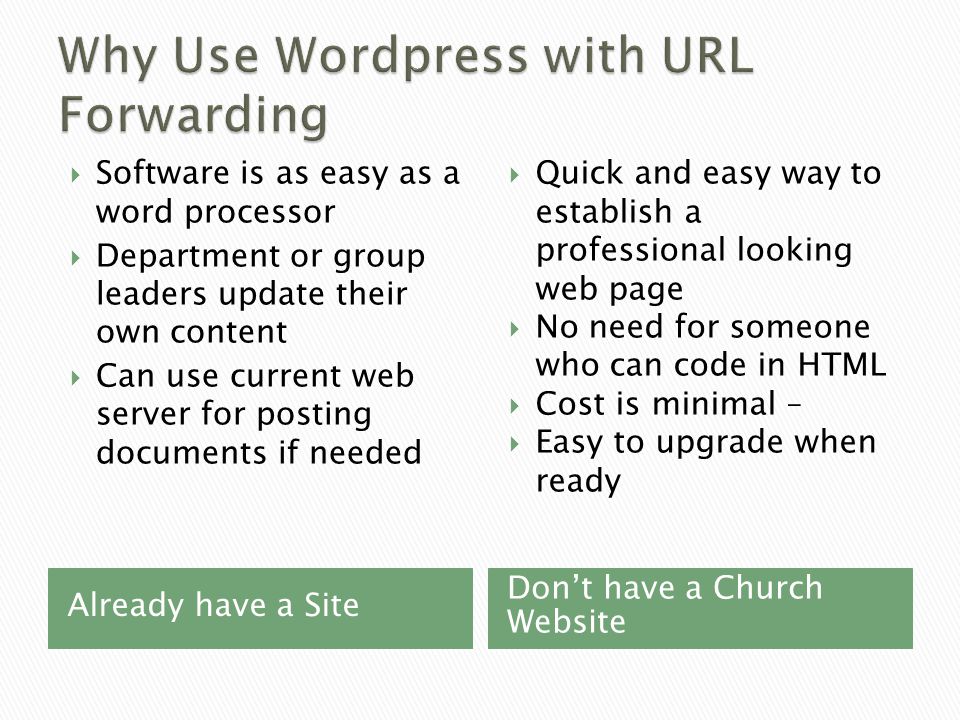 Already have a Site Don’t have a Church Website  Software is as easy as a word processor  Department or group leaders update their own content  Can use current web server for posting documents if needed  Quick and easy way to establish a professional looking web page  No need for someone who can code in HTML  Cost is minimal –  Easy to upgrade when ready