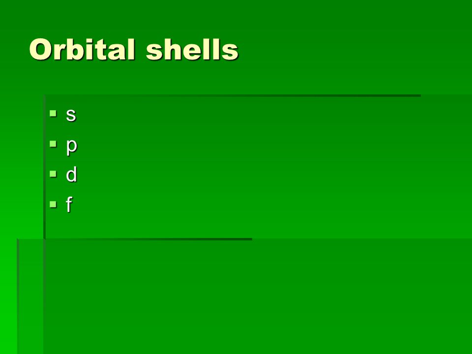 Orbital shells ssppddffssppddff