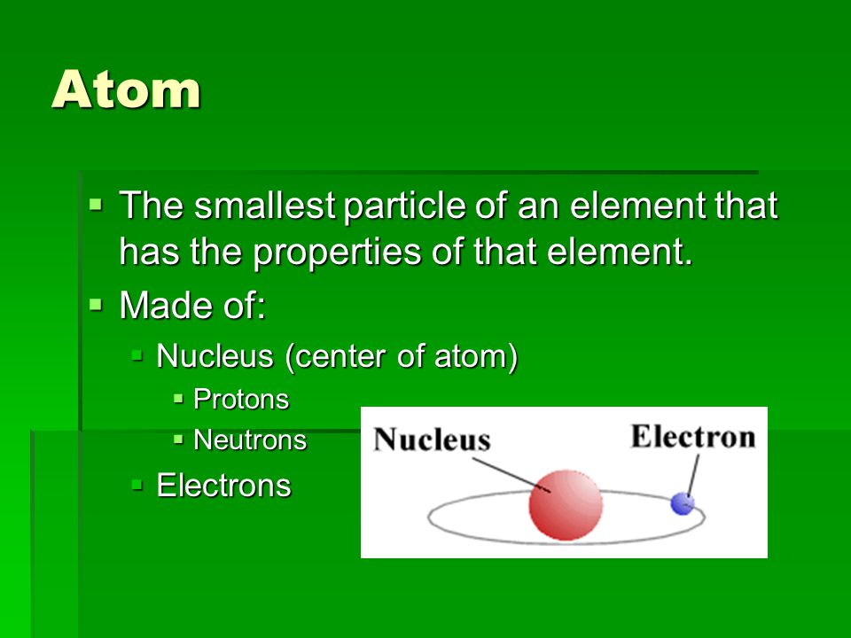 Atom  The smallest particle of an element that has the properties of that element.