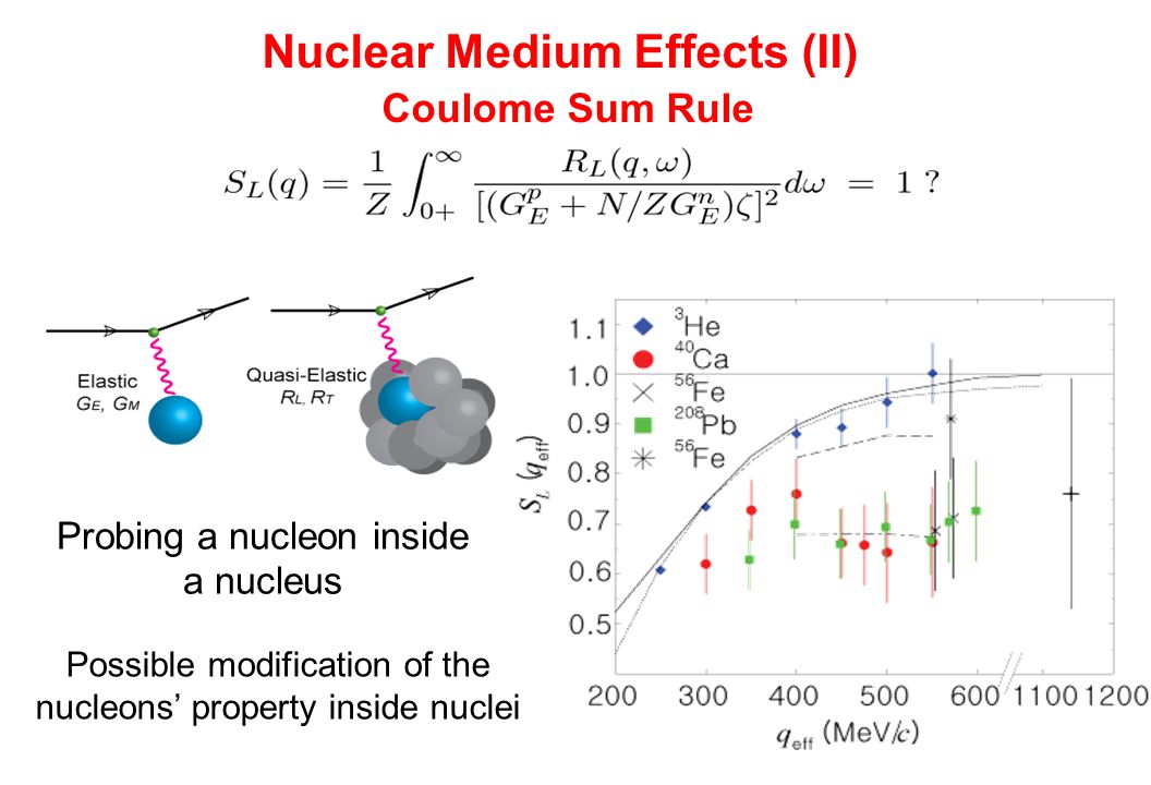 Nuclear Medium Effects (II) Coulome Sum Rule Probing a nucleon inside a nucleus Possible modification of the nucleons’ property inside nuclei