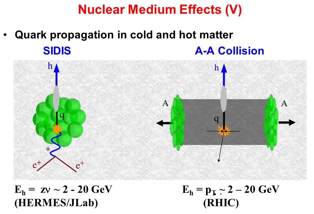 Nuclear Medium Effects (V) Quark propagation in cold and hot matter SIDIS A-A Collision E h = z  ~ GeV E h = p T ~ 2 – 20 GeV (HERMES/JLab) (RHIC)