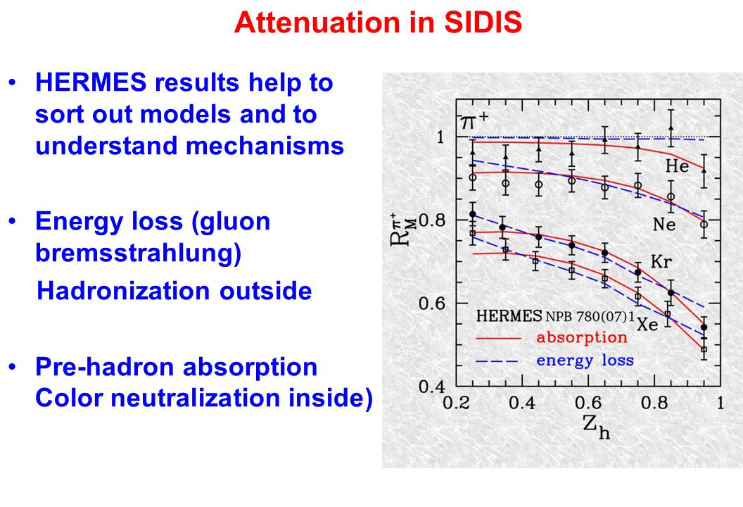 Attenuation in SIDIS HERMES results help to sort out models and to understand mechanisms Energy loss (gluon bremsstrahlung) Hadronization outside Pre-hadron absorption Color neutralization inside)