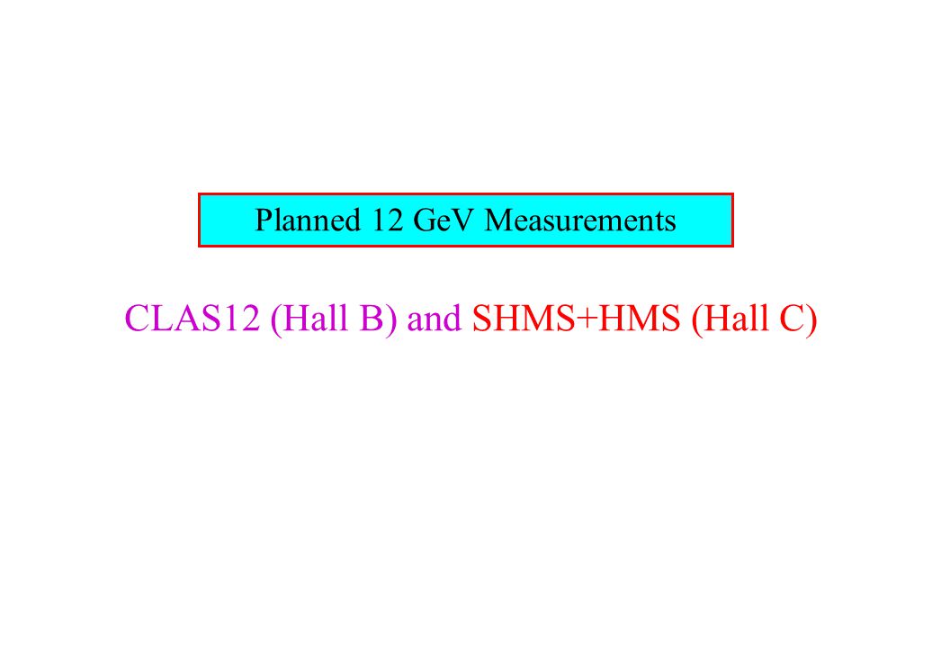 Planned 12 GeV Measurements CLAS12 (Hall B) and SHMS+HMS (Hall C)