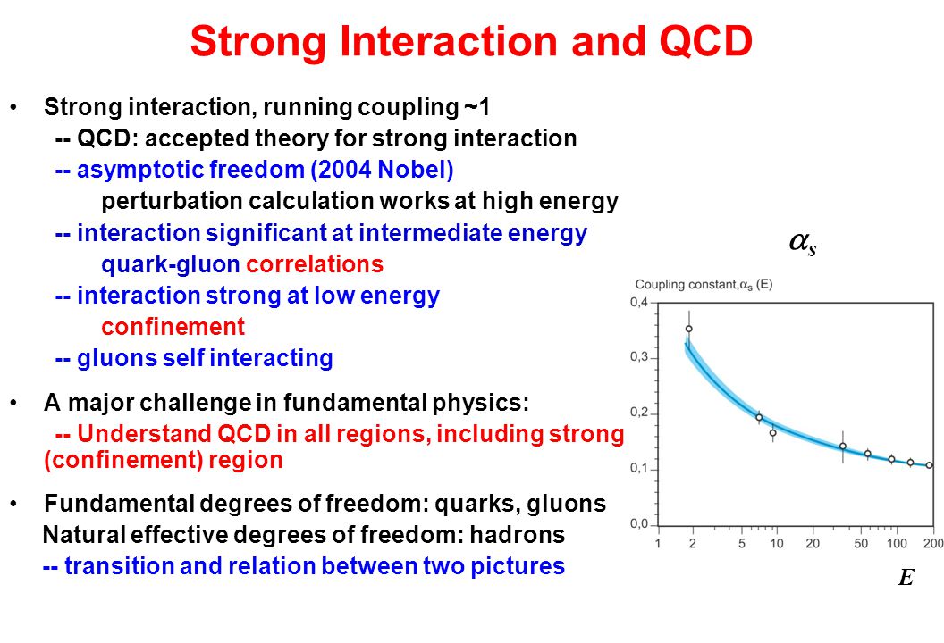 Strong Interaction and QCD Strong interaction, running coupling ~1 -- QCD: accepted theory for strong interaction -- asymptotic freedom (2004 Nobel) perturbation calculation works at high energy -- interaction significant at intermediate energy quark-gluon correlations -- interaction strong at low energy confinement -- gluons self interacting A major challenge in fundamental physics: -- Understand QCD in all regions, including strong (confinement) region Fundamental degrees of freedom: quarks, gluons Natural effective degrees of freedom: hadrons -- transition and relation between two pictures E ss
