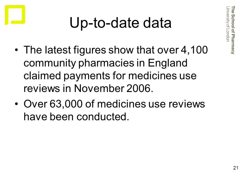 21 Up-to-date data The latest figures show that over 4,100 community pharmacies in England claimed payments for medicines use reviews in November 2006.