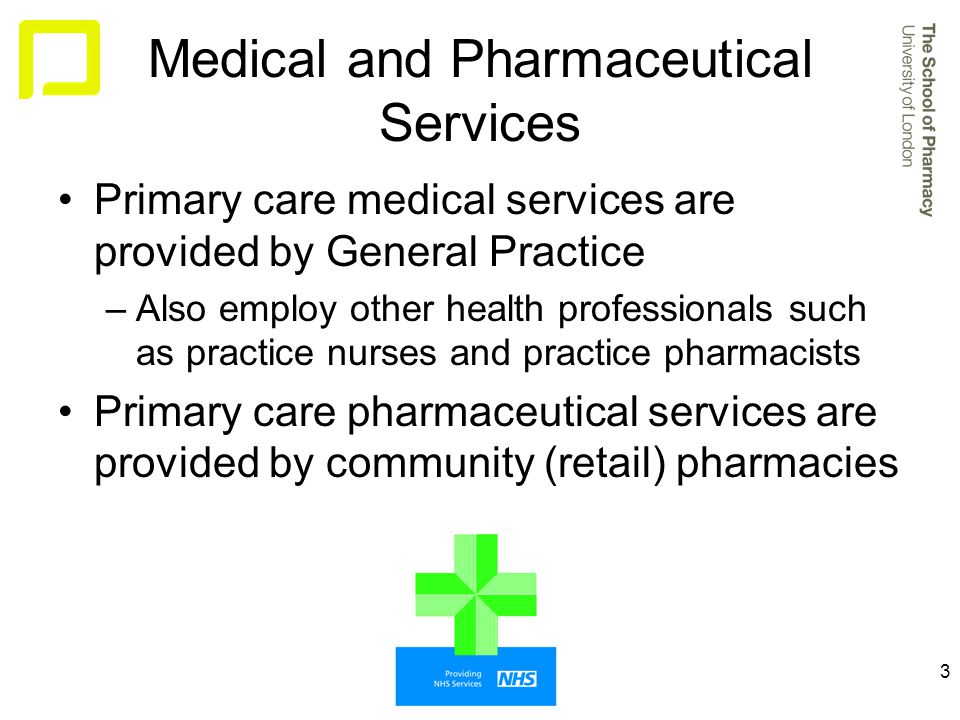 3 Medical and Pharmaceutical Services Primary care medical services are provided by General Practice –Also employ other health professionals such as practice nurses and practice pharmacists Primary care pharmaceutical services are provided by community (retail) pharmacies