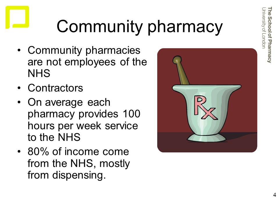 4 Community pharmacy Community pharmacies are not employees of the NHS Contractors On average each pharmacy provides 100 hours per week service to the NHS 80% of income come from the NHS, mostly from dispensing.