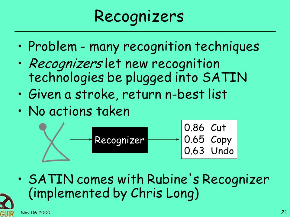 Nov Recognizers Problem - many recognition techniques Recognizers let new recognition technologies be plugged into SATIN Given a stroke, return n-best list No actions taken SATIN comes with Rubine s Recognizer (implemented by Chris Long) Recognizer Cut Copy Undo