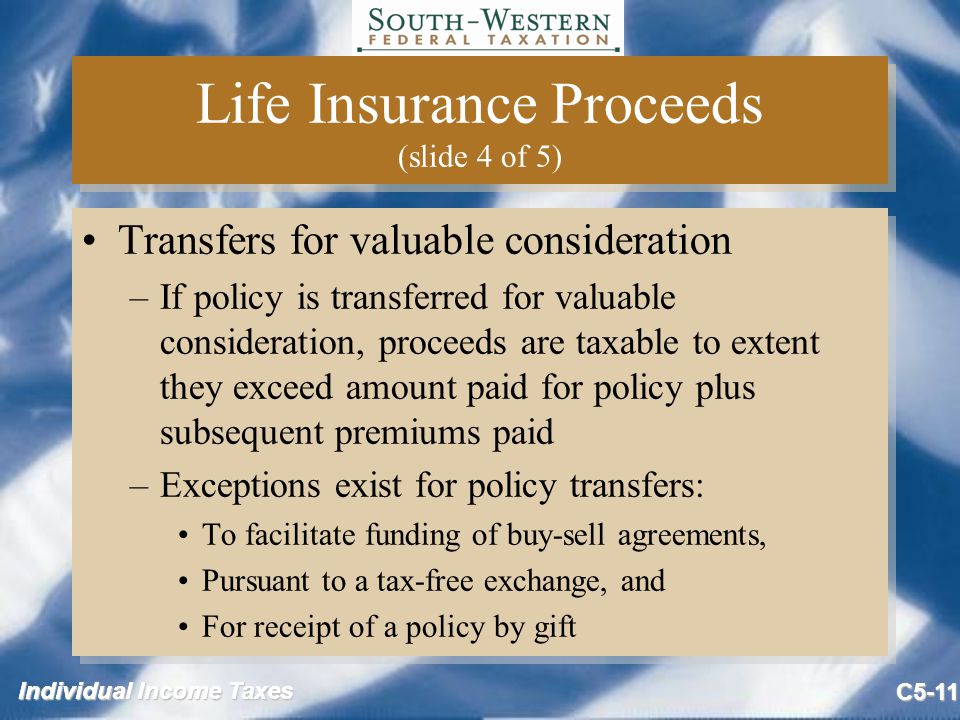 Individual Income Taxes C5-11 Life Insurance Proceeds (slide 4 of 5) Transfers for valuable consideration –If policy is transferred for valuable consideration, proceeds are taxable to extent they exceed amount paid for policy plus subsequent premiums paid –Exceptions exist for policy transfers: To facilitate funding of buy-sell agreements, Pursuant to a tax-free exchange, and For receipt of a policy by gift Transfers for valuable consideration –If policy is transferred for valuable consideration, proceeds are taxable to extent they exceed amount paid for policy plus subsequent premiums paid –Exceptions exist for policy transfers: To facilitate funding of buy-sell agreements, Pursuant to a tax-free exchange, and For receipt of a policy by gift