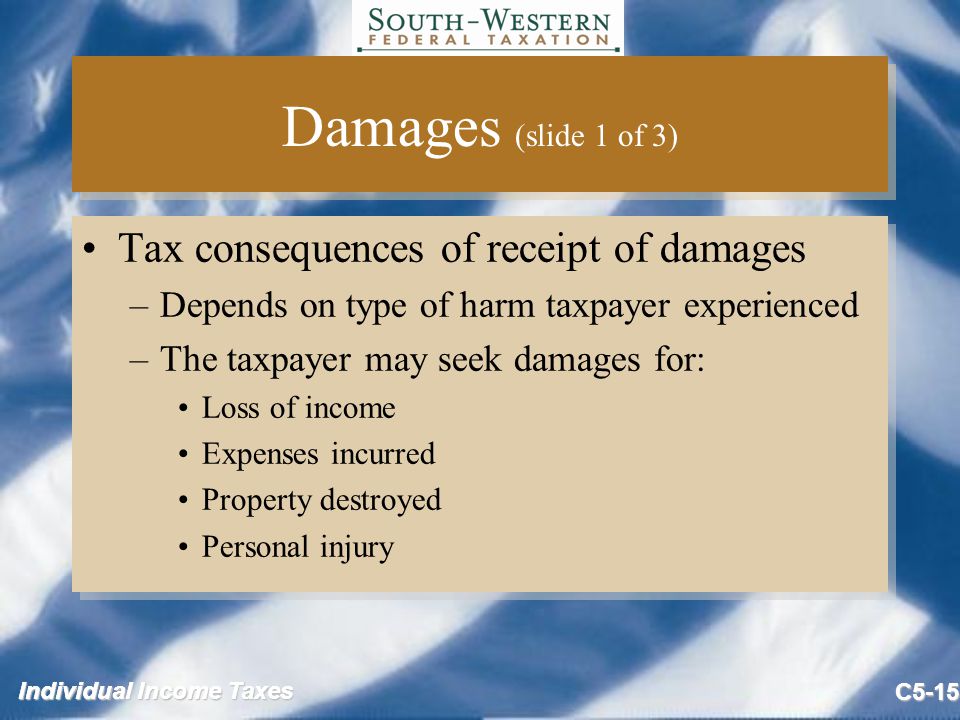 Individual Income Taxes C5-15 Damages (slide 1 of 3) Tax consequences of receipt of damages –Depends on type of harm taxpayer experienced –The taxpayer may seek damages for: Loss of income Expenses incurred Property destroyed Personal injury Tax consequences of receipt of damages –Depends on type of harm taxpayer experienced –The taxpayer may seek damages for: Loss of income Expenses incurred Property destroyed Personal injury