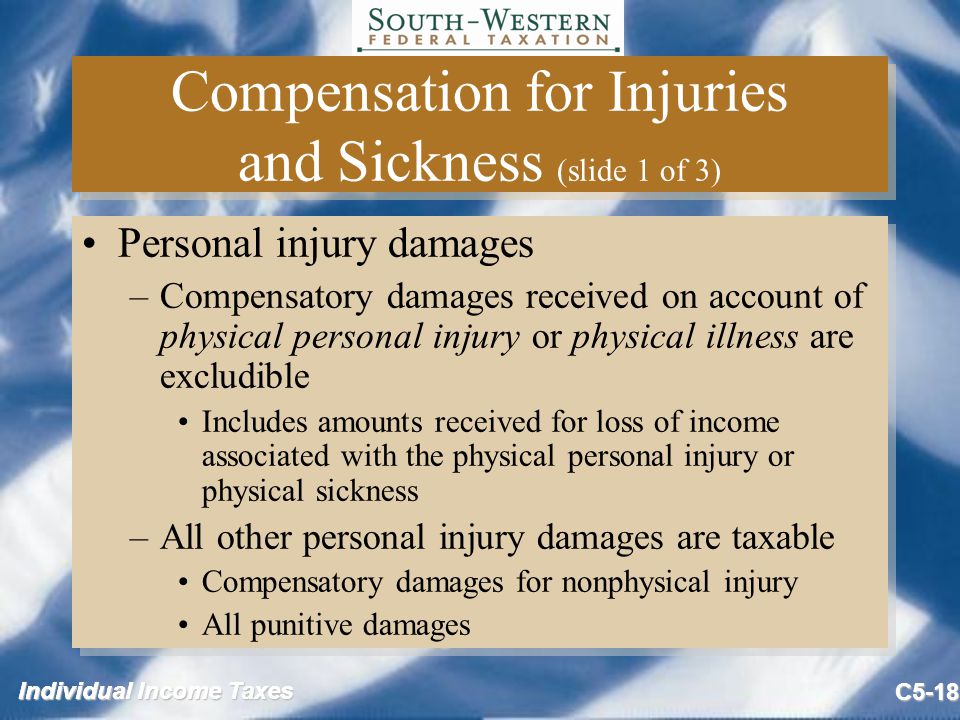 Individual Income Taxes C5-18 Compensation for Injuries and Sickness (slide 1 of 3) Personal injury damages –Compensatory damages received on account of physical personal injury or physical illness are excludible Includes amounts received for loss of income associated with the physical personal injury or physical sickness –All other personal injury damages are taxable Compensatory damages for nonphysical injury All punitive damages Personal injury damages –Compensatory damages received on account of physical personal injury or physical illness are excludible Includes amounts received for loss of income associated with the physical personal injury or physical sickness –All other personal injury damages are taxable Compensatory damages for nonphysical injury All punitive damages