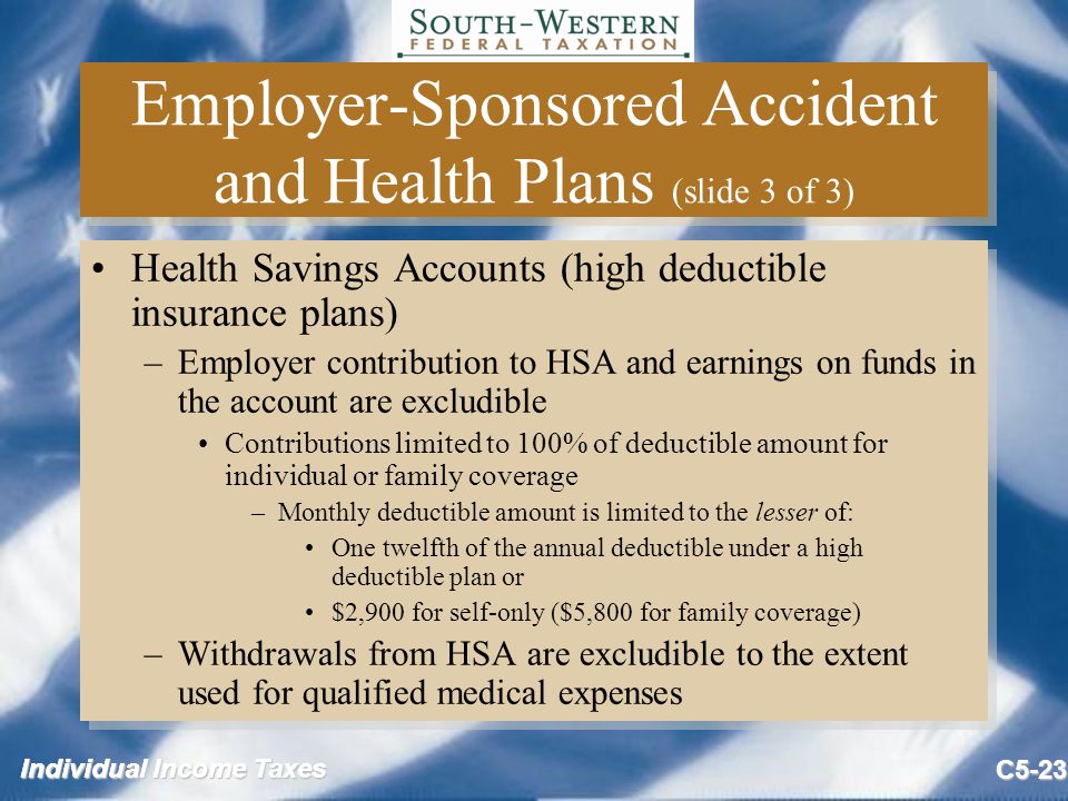 Individual Income Taxes C5-23 Employer-Sponsored Accident and Health Plans (slide 3 of 3) Health Savings Accounts (high deductible insurance plans) –Employer contribution to HSA and earnings on funds in the account are excludible Contributions limited to 100% of deductible amount for individual or family coverage –Monthly deductible amount is limited to the lesser of: One twelfth of the annual deductible under a high deductible plan or $2,900 for self-only ($5,800 for family coverage) –Withdrawals from HSA are excludible to the extent used for qualified medical expenses Health Savings Accounts (high deductible insurance plans) –Employer contribution to HSA and earnings on funds in the account are excludible Contributions limited to 100% of deductible amount for individual or family coverage –Monthly deductible amount is limited to the lesser of: One twelfth of the annual deductible under a high deductible plan or $2,900 for self-only ($5,800 for family coverage) –Withdrawals from HSA are excludible to the extent used for qualified medical expenses
