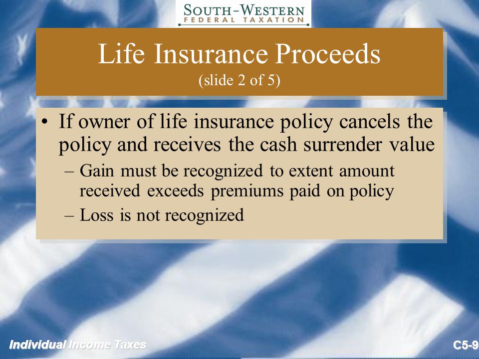 Individual Income Taxes C5-9 Life Insurance Proceeds (slide 2 of 5) If owner of life insurance policy cancels the policy and receives the cash surrender value –Gain must be recognized to extent amount received exceeds premiums paid on policy –Loss is not recognized If owner of life insurance policy cancels the policy and receives the cash surrender value –Gain must be recognized to extent amount received exceeds premiums paid on policy –Loss is not recognized