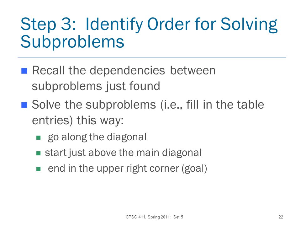 CPSC 411, Spring 2011: Set 522 Step 3: Identify Order for Solving Subproblems Recall the dependencies between subproblems just found Solve the subproblems (i.e., fill in the table entries) this way: go along the diagonal start just above the main diagonal end in the upper right corner (goal)