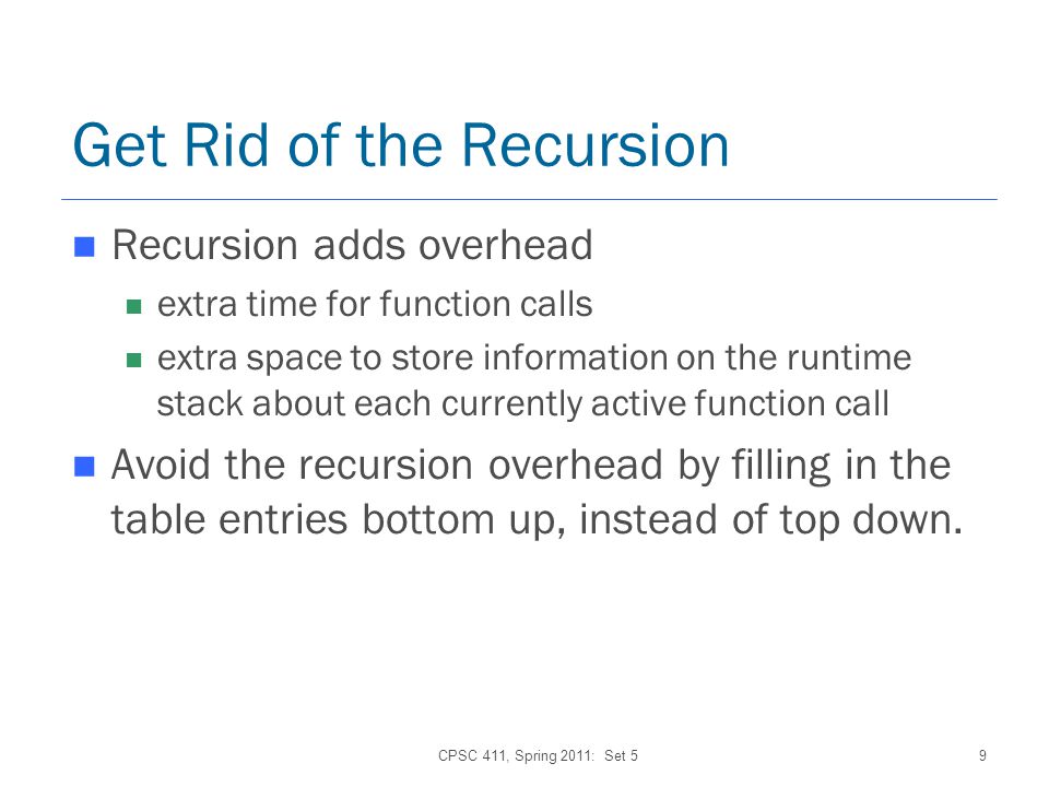 CPSC 411, Spring 2011: Set 59 Get Rid of the Recursion Recursion adds overhead extra time for function calls extra space to store information on the runtime stack about each currently active function call Avoid the recursion overhead by filling in the table entries bottom up, instead of top down.