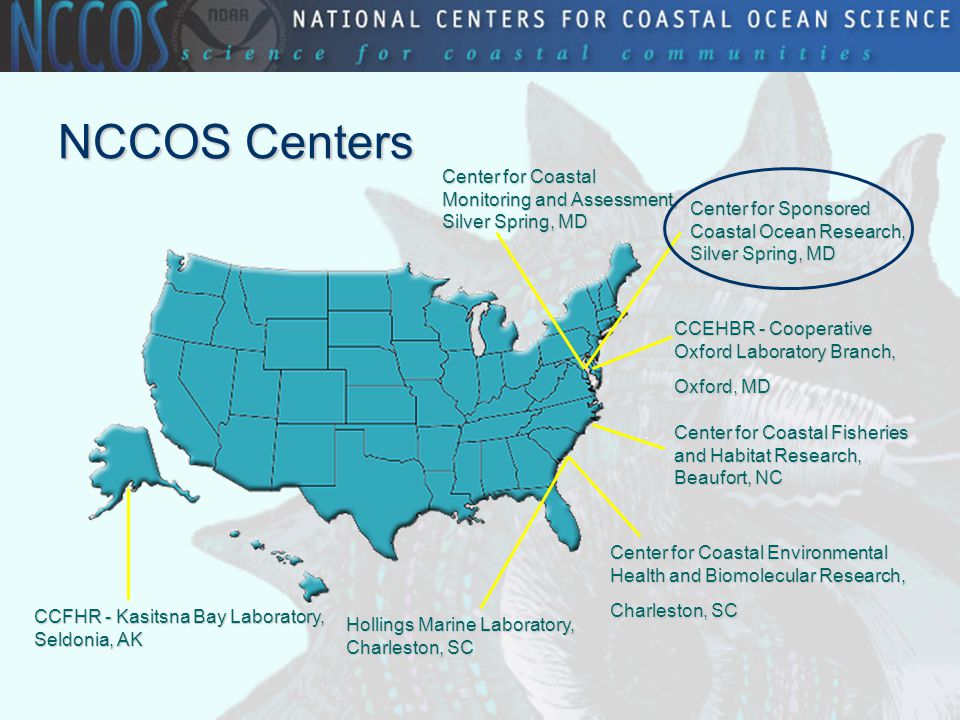 NCCOS Centers Center for Coastal Monitoring and Assessment, Silver Spring, MD CCEHBR - Cooperative Oxford Laboratory Branch, Oxford, MD Center for Sponsored Coastal Ocean Research, Silver Spring, MD Center for Coastal Environmental Health and Biomolecular Research, Charleston, SC Center for Coastal Fisheries and Habitat Research, Beaufort, NC CCFHR - Kasitsna Bay Laboratory, Seldonia, AK Hollings Marine Laboratory, Charleston, SC