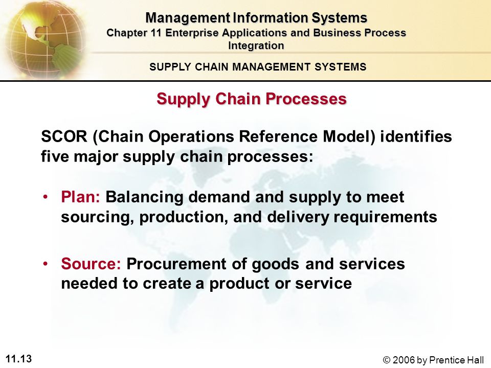 11.13 © 2006 by Prentice Hall SUPPLY CHAIN MANAGEMENT SYSTEMS Plan: Balancing demand and supply to meet sourcing, production, and delivery requirements Source: Procurement of goods and services needed to create a product or service Supply Chain Processes SCOR (Chain Operations Reference Model) identifies five major supply chain processes: Management Information Systems Chapter 11 Enterprise Applications and Business Process Integration