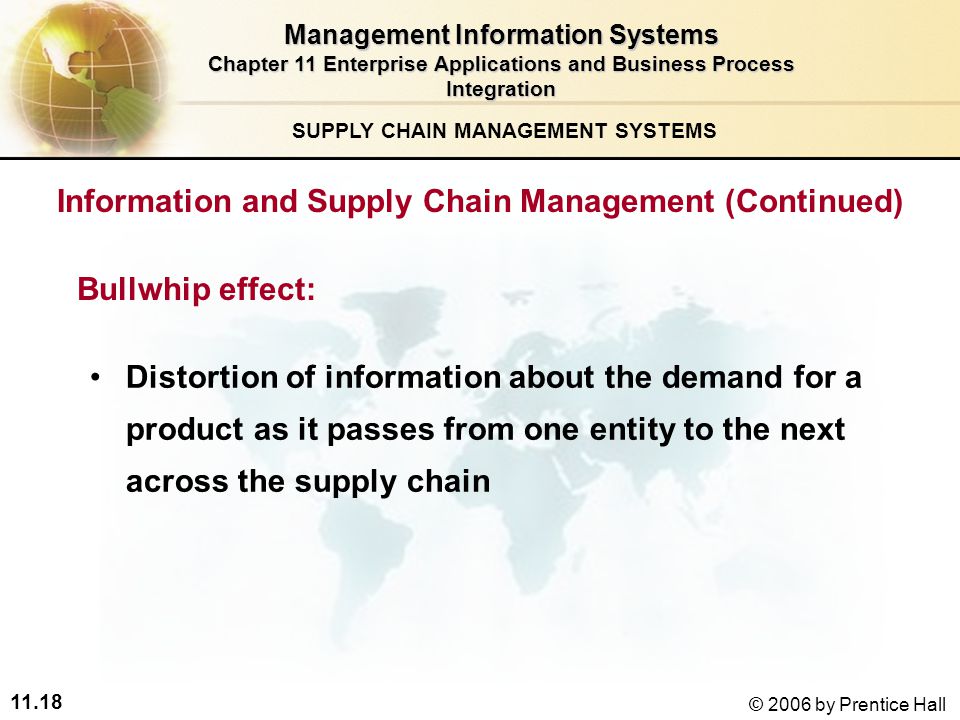 11.18 © 2006 by Prentice Hall SUPPLY CHAIN MANAGEMENT SYSTEMS Distortion of information about the demand for a product as it passes from one entity to the next across the supply chain Bullwhip effect: Management Information Systems Chapter 11 Enterprise Applications and Business Process Integration Information and Supply Chain Management (Continued)