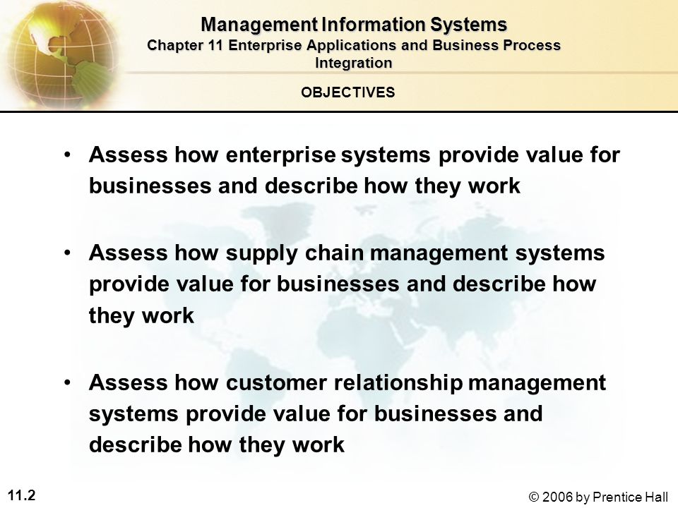 11.2 © 2006 by Prentice Hall Assess how enterprise systems provide value for businesses and describe how they work Assess how supply chain management systems provide value for businesses and describe how they work Assess how customer relationship management systems provide value for businesses and describe how they work Management Information Systems Chapter 11 Enterprise Applications and Business Process Integration OBJECTIVES