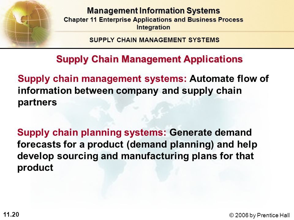 11.20 © 2006 by Prentice Hall Supply chain management systems: Automate flow of information between company and supply chain partners SUPPLY CHAIN MANAGEMENT SYSTEMS Supply Chain Management Applications Supply chain planning systems: Generate demand forecasts for a product (demand planning) and help develop sourcing and manufacturing plans for that product Management Information Systems Chapter 11 Enterprise Applications and Business Process Integration