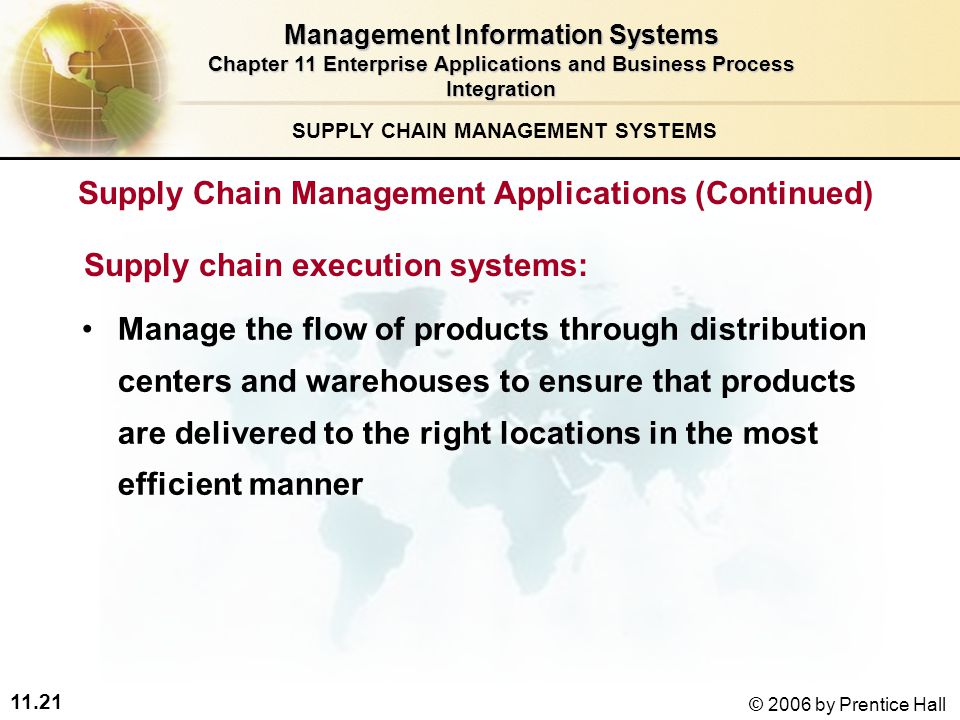 11.21 © 2006 by Prentice Hall SUPPLY CHAIN MANAGEMENT SYSTEMS Supply chain execution systems: Manage the flow of products through distribution centers and warehouses to ensure that products are delivered to the right locations in the most efficient manner Management Information Systems Chapter 11 Enterprise Applications and Business Process Integration Supply Chain Management Applications (Continued)