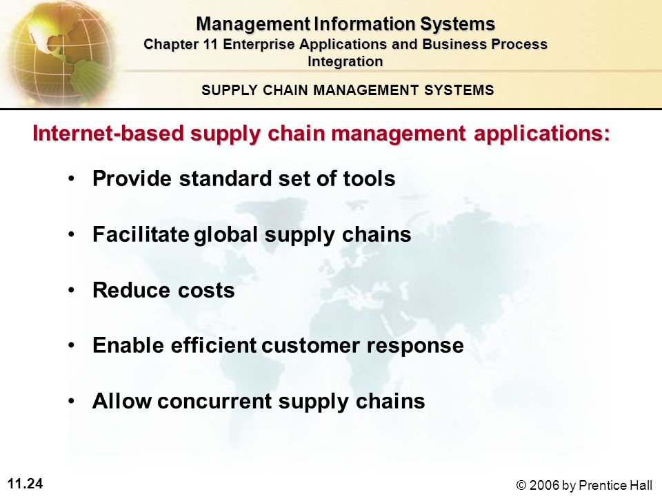 11.24 © 2006 by Prentice Hall SUPPLY CHAIN MANAGEMENT SYSTEMS Internet-based supply chain management applications: Provide standard set of tools Facilitate global supply chains Reduce costs Enable efficient customer response Allow concurrent supply chains Management Information Systems Chapter 11 Enterprise Applications and Business Process Integration