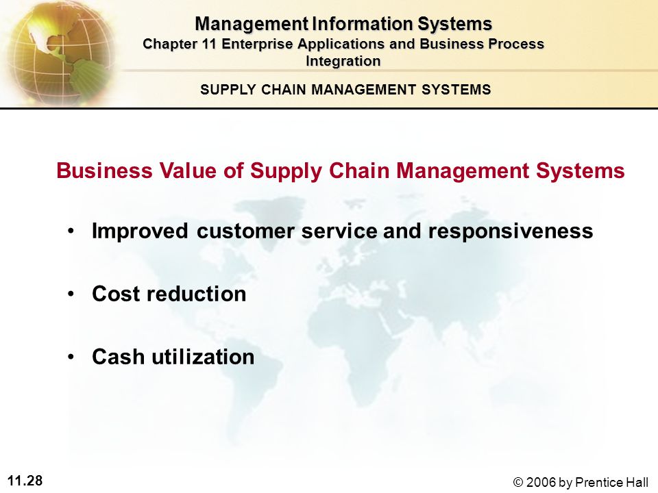 11.28 © 2006 by Prentice Hall SUPPLY CHAIN MANAGEMENT SYSTEMS Business Value of Supply Chain Management Systems Improved customer service and responsiveness Cost reduction Cash utilization Management Information Systems Chapter 11 Enterprise Applications and Business Process Integration