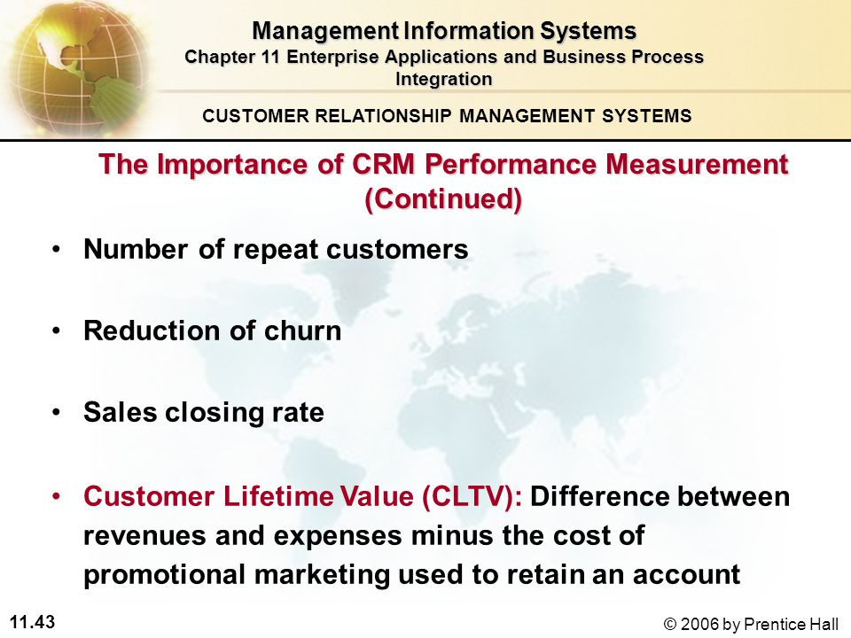 11.43 © 2006 by Prentice Hall CUSTOMER RELATIONSHIP MANAGEMENT SYSTEMS Management Information Systems Chapter 11 Enterprise Applications and Business Process Integration Number of repeat customers Reduction of churn Sales closing rate Customer Lifetime Value (CLTV): Difference between revenues and expenses minus the cost of promotional marketing used to retain an account The Importance of CRM Performance Measurement (Continued)