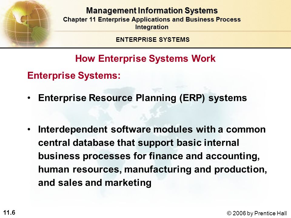 11.6 © 2006 by Prentice Hall How Enterprise Systems Work ENTERPRISE SYSTEMS Enterprise Resource Planning (ERP) systems Interdependent software modules with a common central database that support basic internal business processes for finance and accounting, human resources, manufacturing and production, and sales and marketing Management Information Systems Chapter 11 Enterprise Applications and Business Process Integration Enterprise Systems: