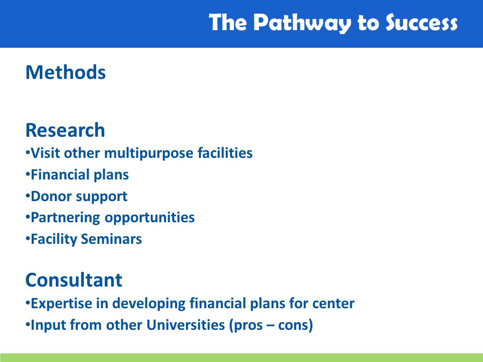 The Pathway to Success Methods Research Visit other multipurpose facilities Financial plans Donor support Partnering opportunities Facility Seminars Consultant Expertise in developing financial plans for center Input from other Universities (pros – cons)