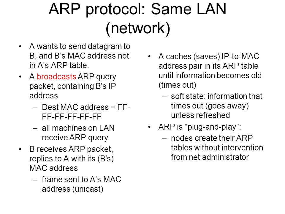 ARP protocol: Same LAN (network) A wants to send datagram to B, and B’s MAC address not in A’s ARP table.