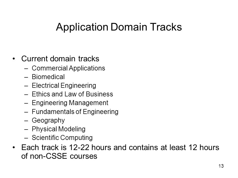 13 Application Domain Tracks Current domain tracks –Commercial Applications –Biomedical –Electrical Engineering –Ethics and Law of Business –Engineering Management –Fundamentals of Engineering –Geography –Physical Modeling –Scientific Computing Each track is hours and contains at least 12 hours of non-CSSE courses
