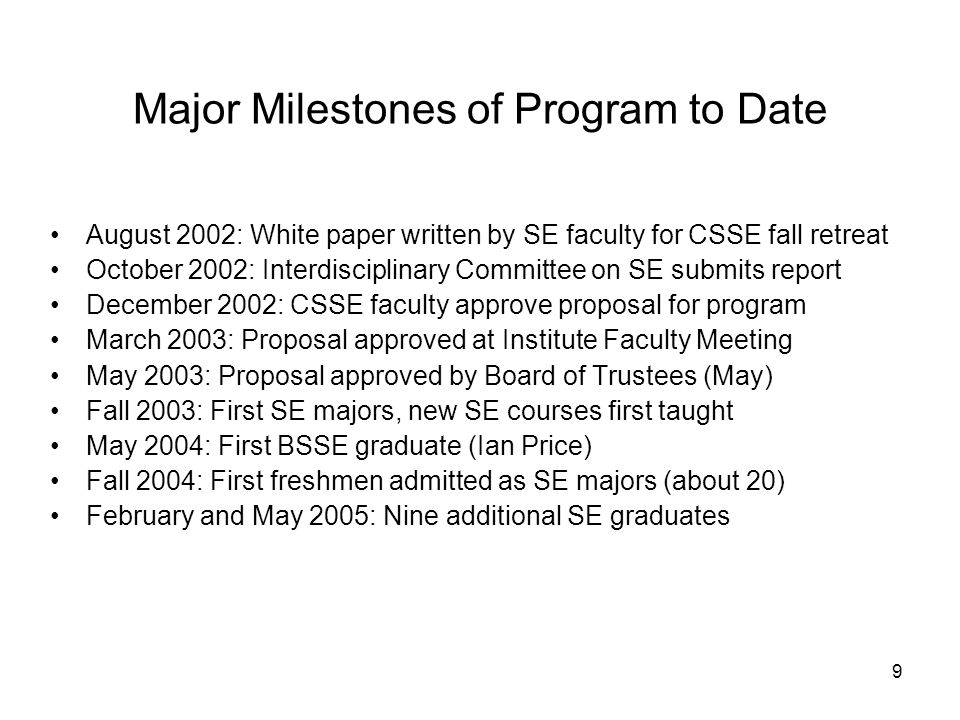 9 Major Milestones of Program to Date August 2002: White paper written by SE faculty for CSSE fall retreat October 2002: Interdisciplinary Committee on SE submits report December 2002: CSSE faculty approve proposal for program March 2003: Proposal approved at Institute Faculty Meeting May 2003: Proposal approved by Board of Trustees (May) Fall 2003: First SE majors, new SE courses first taught May 2004: First BSSE graduate (Ian Price) Fall 2004: First freshmen admitted as SE majors (about 20) February and May 2005: Nine additional SE graduates
